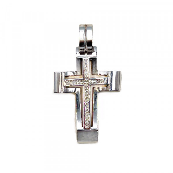 Крестик из золота в белом цвете с белыми бриллиантами