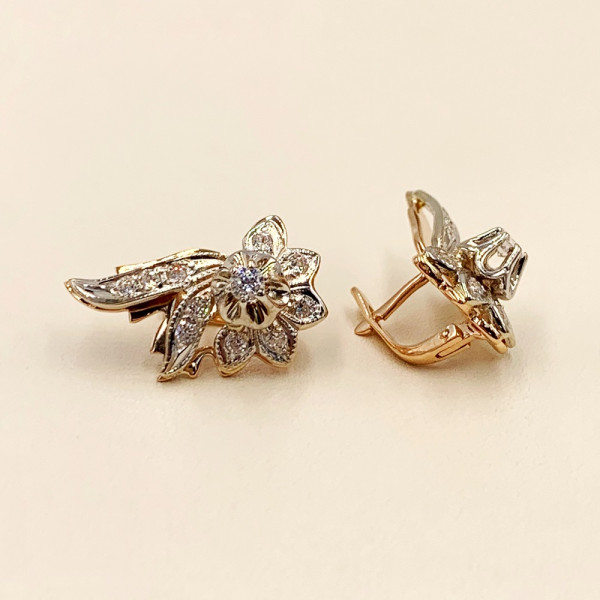 Серьги из золота красного с белым цвета с цирконом