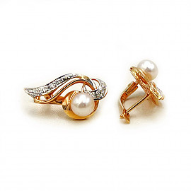 Золотые серьги с жемчугом и цирконом 01-200234238