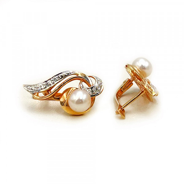 Золотые серьги с жемчугом и цирконом