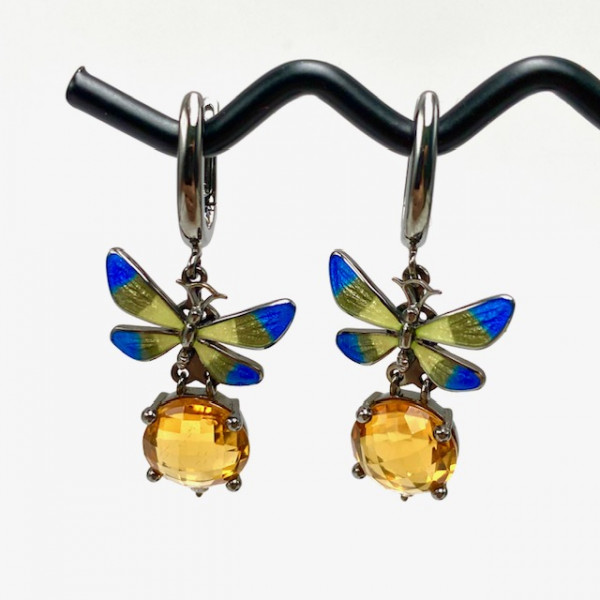 Серьги из белого с черным золота с желтыми цитринами, желтыми бриллиантами и эмалью