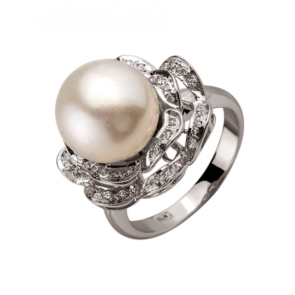 Кольцо из золота в белом цвете с белыми бриллиантами и жемчугом