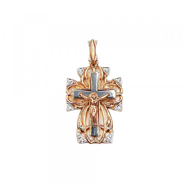 Золотой крестик в красном с белым цвете с цирконом