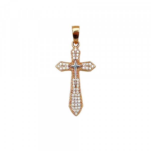 Золотой крестик в красном с белым цвете с цирконом