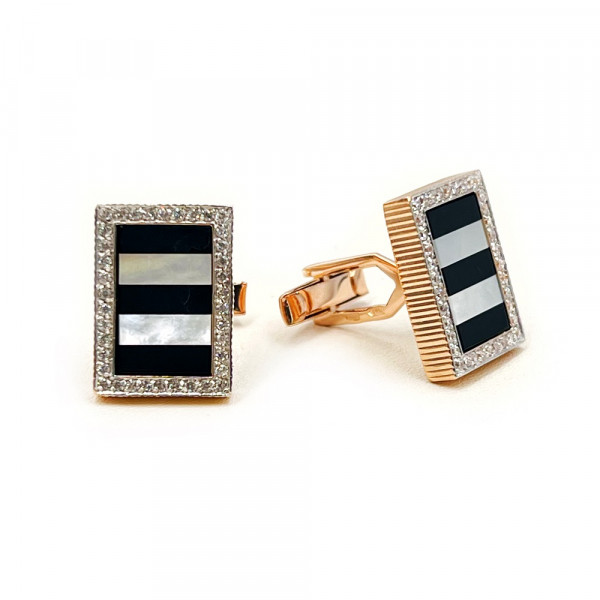 Запонки з золота червоного з білим кольору з цирконами та перламутром