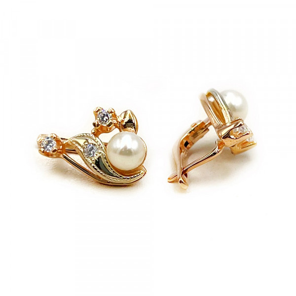 Сережки з золота з перлиною та цирконом