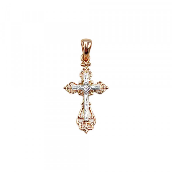 Хрестик з золота у червоному з білим кольорі з цирконом