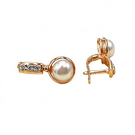 Сережки з червоного з білим золота з перлиною та цирконом 01-200799744
