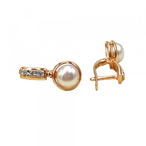 Сережки з червоного з білим золота з перлиною та цирконом
