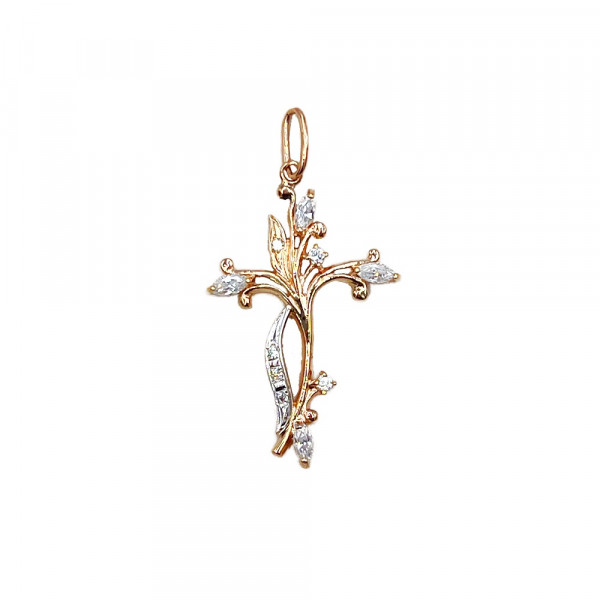 Золотой крестик в красном цвете с цирконом