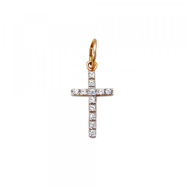 Золотой крестик в красном с белым цвете с цирконом