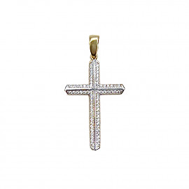 Золотий хрестик у жовтому з білим кольорі з цирконом 01-200809345