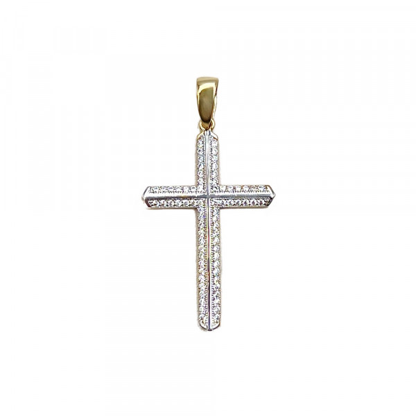 Золотий хрестик у жовтому з білим кольорі з цирконом