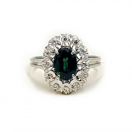 Кольцо из золота в белом цвете с синим корундом и белыми бриллиантами 01-200781846