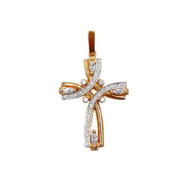 Крестик из золота в красном с белым цвете с цирконом