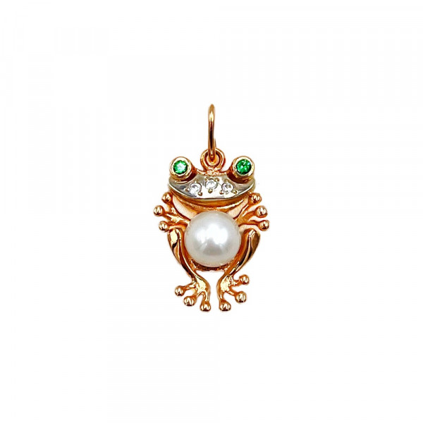 Кулон из золота в красном с белым цвете с жемчугом и цирконом «Жабка»