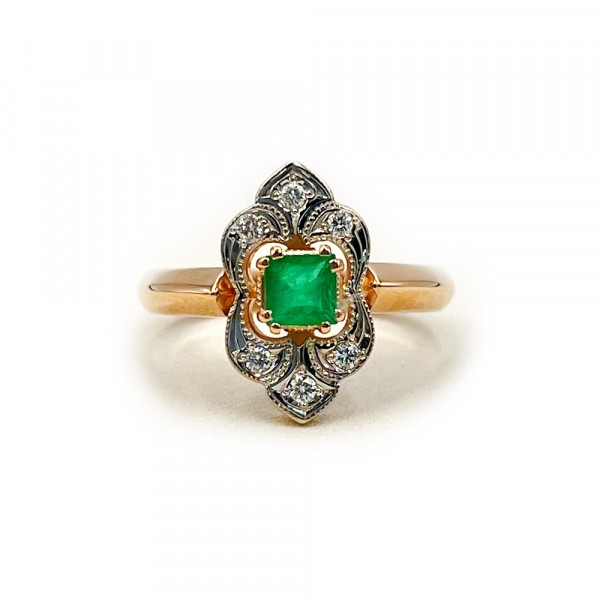 Золота каблучка у червоному з білим кольорі з зеленим берилом та жовтими діамантами