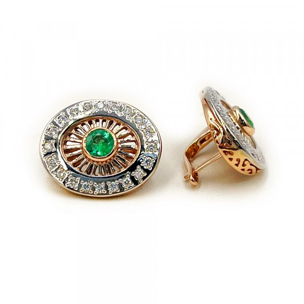 Золоті сережки у червоному з білим кольорі з зеленими берилами та білими діамантами