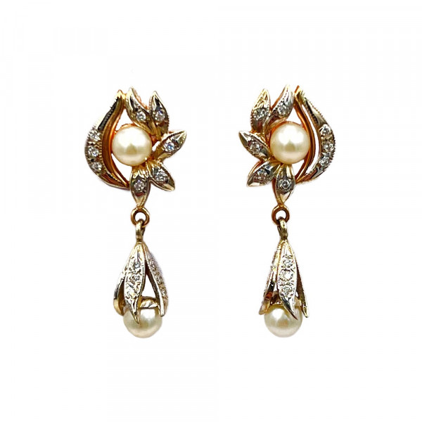 Серьги из красного с белым золота с жемчугом и цирконом