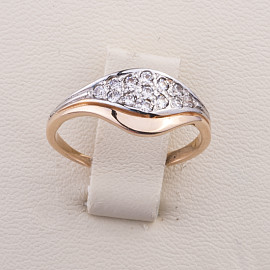 Золотое кольцо в красном с белым цвете с цирконом