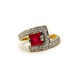 Золота каблучка з червоним корундом та жовтими діамантами 01-200889249