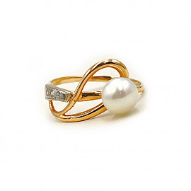 Золота каблучка червоного з білим кольору з перлиною та цирконом 01-200264550