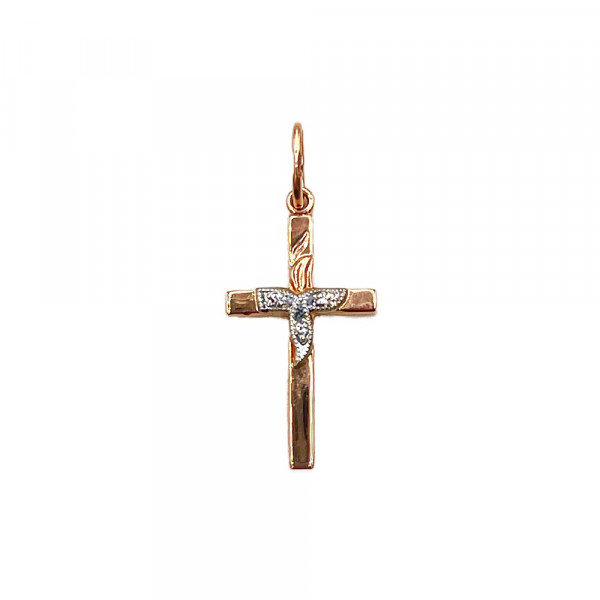 Крестик из золота красного с белым цвета с желтыми бриллиантами