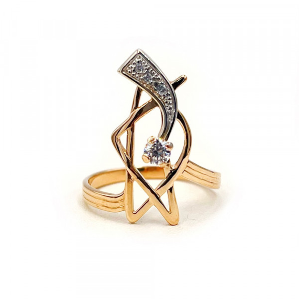 Золотое кольцо красного с белым цвета с цирконом