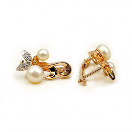 Серьги из красного с белым золота с жемчугом и цирконом 01-200757352