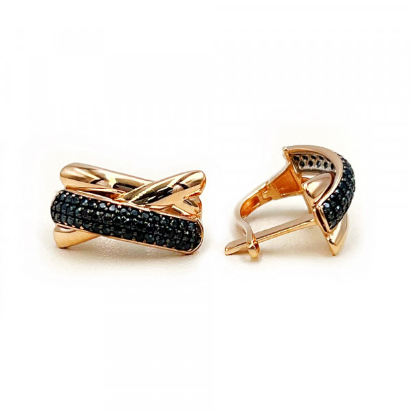 Сережки з золота у червоному з чорним кольорі з цирконом та емаллю