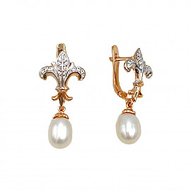 Золоті сережки червоного з білим кольору з перлиною та цирконом 01-200809353