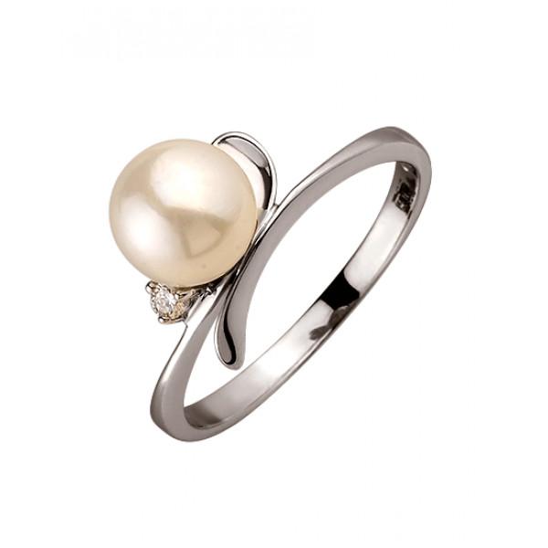 Кольцо из золота в белом цвете с белым бриллиантом и жемчугом