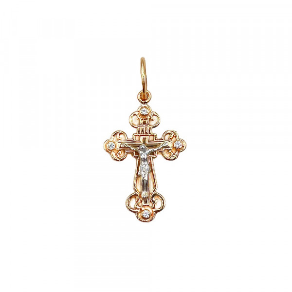 Крестик из золота в красном с белым цвете с цирконом