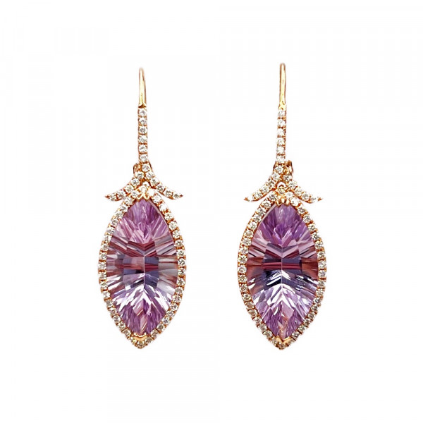 Серьги из золота красного цвета с сиреневыми аметистами и желтыми бриллиантами