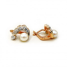 Серьги из золота красного с белым цвета с жемчугом и цирконом 01-200946655