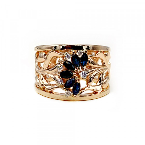 Золотое кольцо в красном с белым цвете с синими корундами и белыми бриллиантами