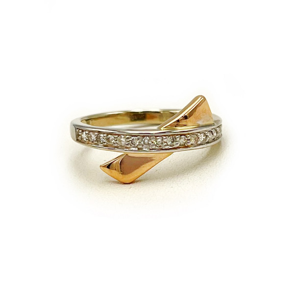 Золота каблучка у червоному з білим кольорі з жовтими діамантами