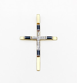 Золотой крестик желтого с белым цвета с синими корундами и желтыми бриллиантами