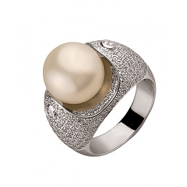 Золотое кольцо в белом цвете с белыми бриллиантами и жемчугом 01-200137457