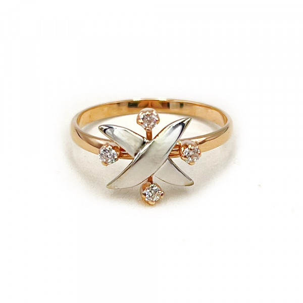 Золота каблучка у червоному з білим кольорі з цирконом