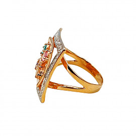 Золота каблучка у червоному з білим кольорі з цирконом