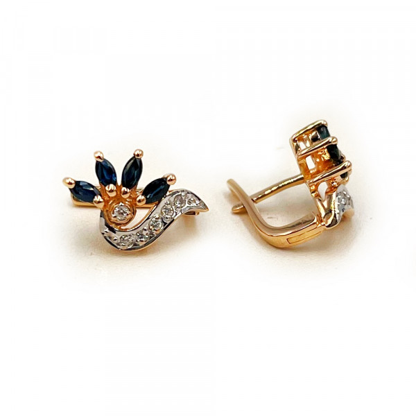 Сережки з золота червоного з білим кольору з синіми корундами та жовтими діамантами