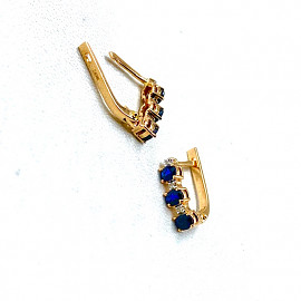 Сережки з золота червоного кольору з синіми корундами та жовтими діамантами