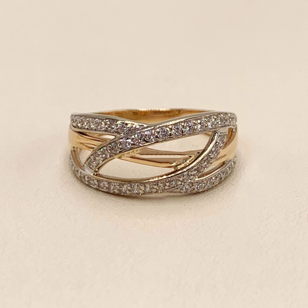 Золотое кольцо в красном с белым цвете с цирконом