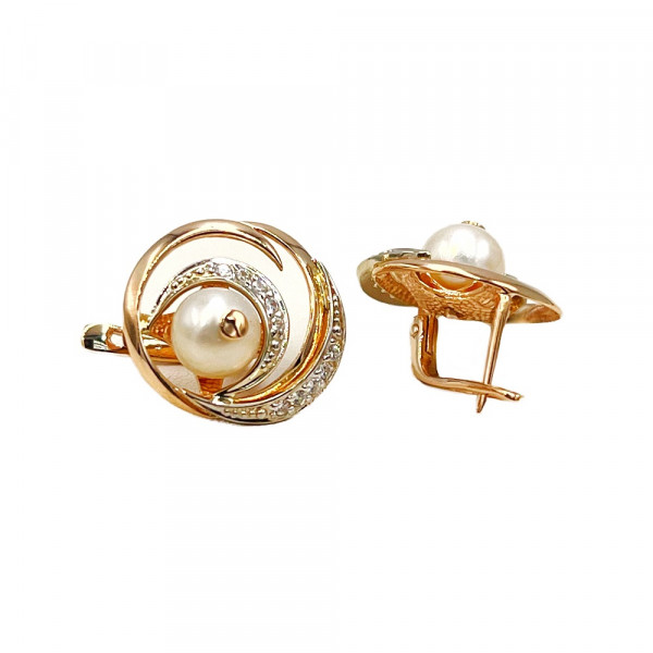 Сережки з золота червоного з білим кольору з перлиною та цирконом