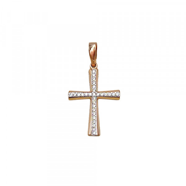 Золотой крестик в красном с белым цвете с цирконом