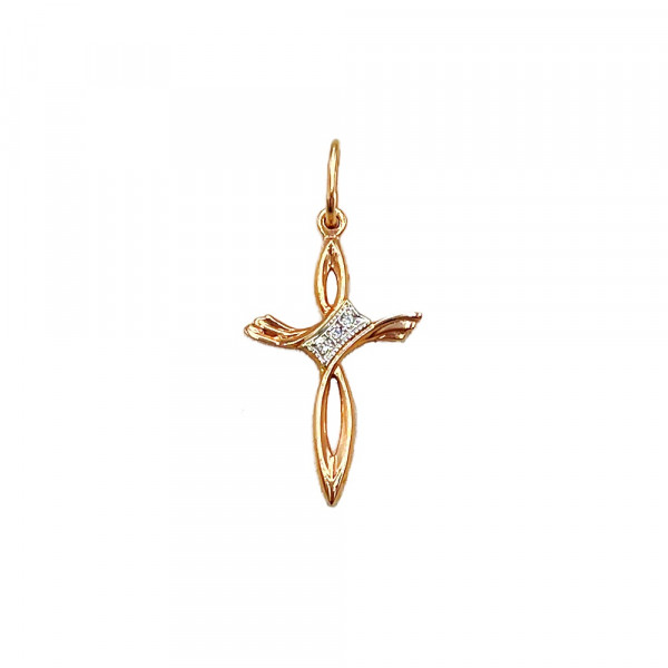 Золотой крестик в красном с белым цвете с цирконом