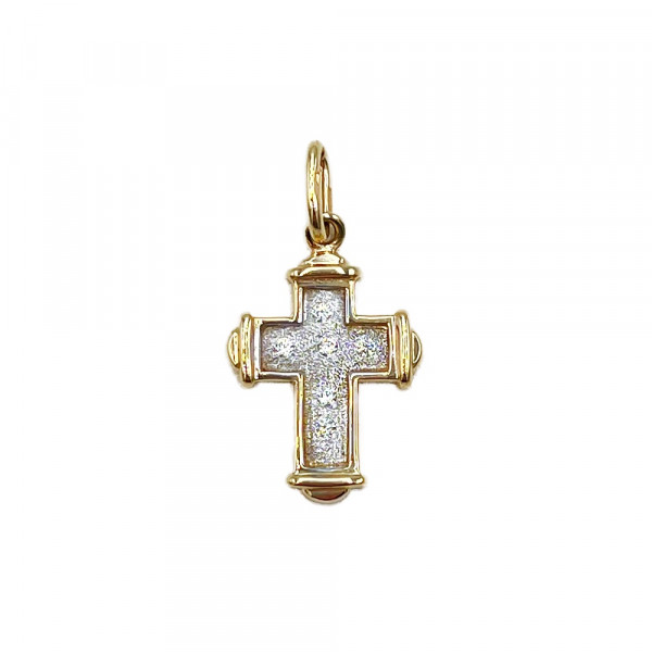 Золотой крестик желтого с белым цвета с цирконом