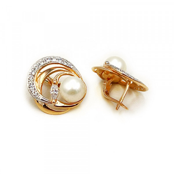 Сережки з золота червоного з білим кольору з перлиною та цирконом