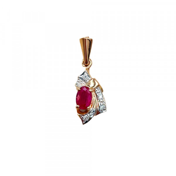 Золотий кулон червоного з білим кольору з червоним корундом та білими діамантами